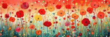 Pretty Abstract Meadow With A Plethora Of Colorful Wild Flowers In Bloom, Poppy And Daisies With Cosmos Floral Background Illustration - Delightful And Dazzling 
Vivid Red And Blue With Bright Orange.