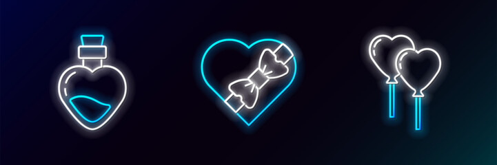 Wall Mural - Set line Balloons in form of heart, Bottle with love potion and Candy shaped box icon. Glowing neon. Vector