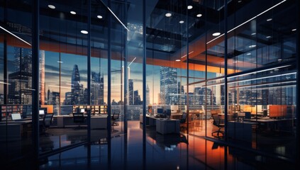 Wall Mural - An Office Overlooking the Vibrant Cityscape at Night