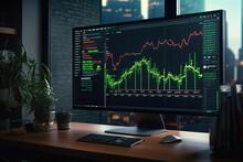 Computer Monitor with Trading Charts: Candlestick Graph of Stock Market Investment. Improved Business Information Reflected in Financial Graph, Data Analytics on Desktop Screen