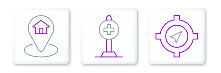 Sticker - Set line Compass, Location with house and cross hospital icon. Vector