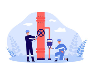 Two workers with spanners blocking gas line. Flat vector illustration. Problems with gas supplies, energy crisis, sanctions concept