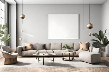 Elegant Interior Living Room with Mockup Frame Poster Modern interior design, 3D illustration