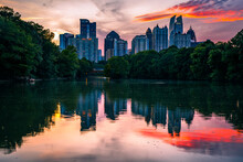 Panoramic View Of Atlanta Skyline During Sunset Shot From Piedmont Park In Downtown Atlanta, GA,USA