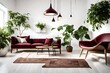 a visual description of a modern living room where a cluster of pendant lights, a vibrant pothos plant, and a stylish wooden lounge chair with rich burgundy cushions are strategically arranged 