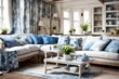 Interior design, living room decor and house improvement, furniture, sofa, home decor, white and blue textiles