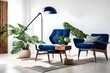 a visual description of a modern living room where a sleek floor lamp, a vibrant potted monstera plant, and a stylish wooden lounge chair with deep blue cushions 