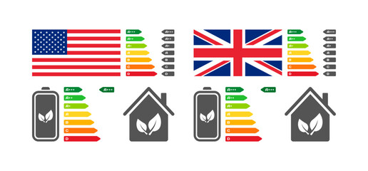 Wall Mural - Letter rating icons. Flat, color, American, British national flag, battery letter rating, houses. Vector icons