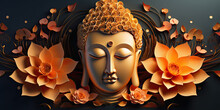 Glowing 3d Golden Buddha Face And Abstract Glowing Colorful Lotuses Flowers