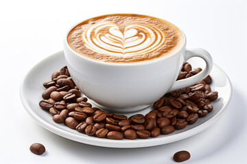 Cup of coffee with coffee beans near it on isolated background.