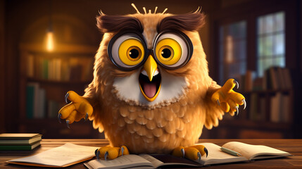 Canvas Print - Cute cute red-haired owl with big eyes - Cartoon animation. 3D rendering.Generative AI