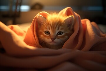 Wall Mural - Ginger tabby kitten sleeping on bed. Happy cute cat resting at home. Adorable pet sleep on cozy orange plaid. Bright room, light pastel colors. Lazy sunny mourning concept