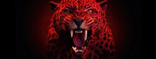 Roaring Leopard On Black Background With Neon Red Light. Angry Big Cat, Aggressive Jaguar Attacking. Animal For Poster, Print, Card, Banner