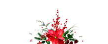 Christmas Poinsettia, Emerald Greenery, Red Berry, Cedar, Salal, Pine Cone Vector Design Frame