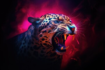 Wall Mural - Roaring leopard on black background with neon pink light. Angry big cat, aggressive jaguar attacking. Animal for poster, print, card, banner