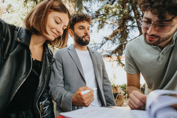 Diverse business team strategizes for growth in urban city. Analyzing budgets, sales, investments, and product development. Collaborating outdoors, aiming for achievements and successful expansion.