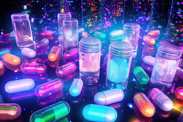 Wall Mural - Background with pills and capsules in neon blue and purple colors. Medical drug or dietary supplement concept.