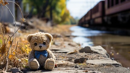 Canvas Print - a teddy bear sitting on the side of a train track