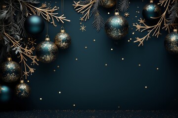 Wall Mural - Christmas tree balls and snowflakes on green blue background, winter holidays design