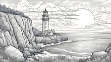 The River In The Mountains _black And White, Coloring Book Page,        A Lighthouse On A Cliff, Overlooking The Sea  