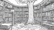  sketch of books in black and white, a child's coloring book page,     A tree in the mansion library