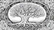 Sketch Of A Tree With Roots In Black And White, Coloring Book Page,     Tree Of Life