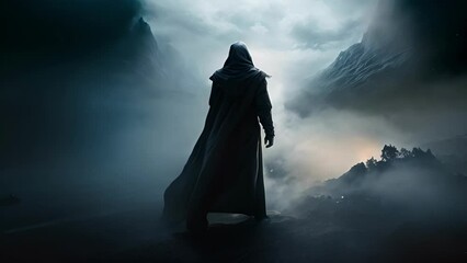 Wall Mural - a hooded figure standing atop a mountain eyes closed in fierce concentration whilst the wind swirls 