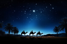 Silhouette Of The Three Wise Men Traveling On Camels To Bethlehem For The Birth Of Baby Jesus