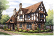Tudor Style House (Cartoon Colored Pencil) - Originated in England in the 16th century, characterized by half-timbering, steeply pitched roofs, and decorative chimneys