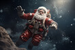© Izanbar MagicAI Art - Santa Claus in space suit floating in space outside spaceship, moon background Christmas funny illustration