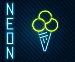 Poster - Glowing neon line Ice cream in waffle cone icon isolated on black background. Sweet symbol. Colorful outline concept. Vector