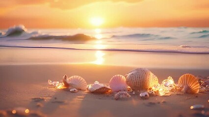 Wall Mural - As the sun sets over the tranquil sea, the seashell pathway lights come to life, casting a soft and warm glow over the sandy beach. The shells seem to sparkle and shimmer in the fading light.