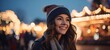 happy woman closeup portrait smiling at Christmas festival at night time with bokeh light, winter fun fair happiness time, Generative Ai