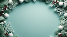  A Green Christmas Wreath With White And Red Ornaments On A Blue Background With A Place For A Text Or An Ornament.
