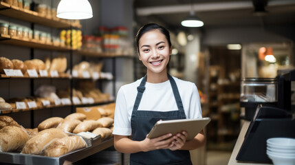 Wall Mural - Cheerful woman is using a tablet in a supermarket aisle, with a bakery section in the background.