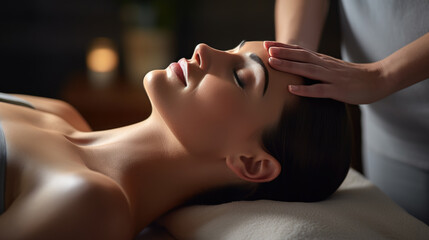 Poster - Woman is lying face up, eyes closed, appearing serene and relaxed as she receives a head massage from a male therapist in a tranquil spa environment.