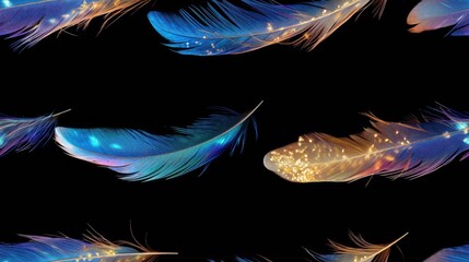 Wall Mural -  a group of blue and yellow feathers on a black background with a light shining in the middle of the feathers.