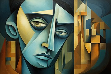 Wall Mural - Digital painting of a man face combined with geometric shapes in blue and yellow, Somber man in cubism and futurism painting style, Cubism art, AI Generated