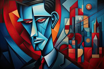 Canvas Print - Abstract Colorful Geometrical Artwork,3D Rendering, Somber man in cubism and futurism painting style, Cubism art, AI Generated