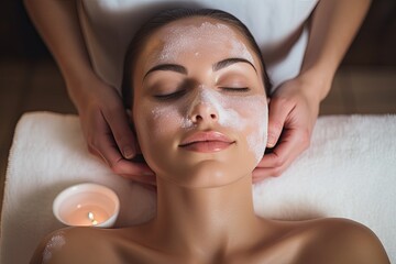 Poster - Beautiful young woman having a facial massage in a spa salon, Spa Woman. Brunette Getting a Salt Scrub Beauty Treatment in Salon, no face, AI Generated