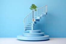 3d Render Of Blue Stairs With Tree In Pot, Minimal Scene, Spiral Stair With Pedestal, Winner Podium On Blue Background, 3d Render, AI Generated