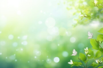 Canvas Print - Spring background with green leaves and white butterflies. Nature bokeh, spring background or summer background with fresh green, AI Generated