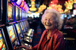 very lucky old woman smiling near slot machines in a casino