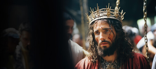 Jesus Christ wearing crown of thorns Passion and Resurection. Easter card, Good Friday, thanksgiving.