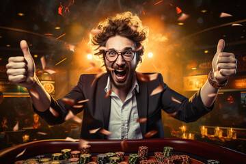 Lucky man celebrate victory after winning the jackpot in an online casino