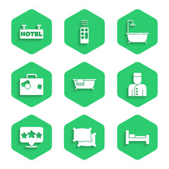 Wall Mural - Set Bathtub, Pillow, Hotel room bed, Concierge, Five stars rating review, Suitcase, with shower and Signboard text icon. Vector