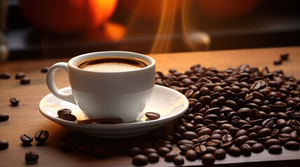 Poster - Close-up of a steaming cup of espresso on surrounded by roasted coffee beans