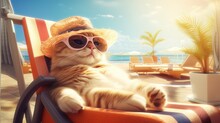 Cute Cat Wearing Sunglasses And Tropical Cocktail Relaxing On Vacation On The Beach.