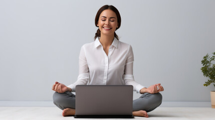 Poster - Woman is sitting in a meditative pose with a laptop in front of her