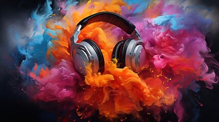 Sticker - casque audio au milieu de fumée multi couleurs